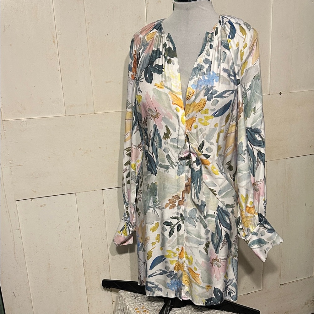 Ted Baker London Floral Dress Sz 4 100% Viscose Belted Sheath Puff Sleeves Work